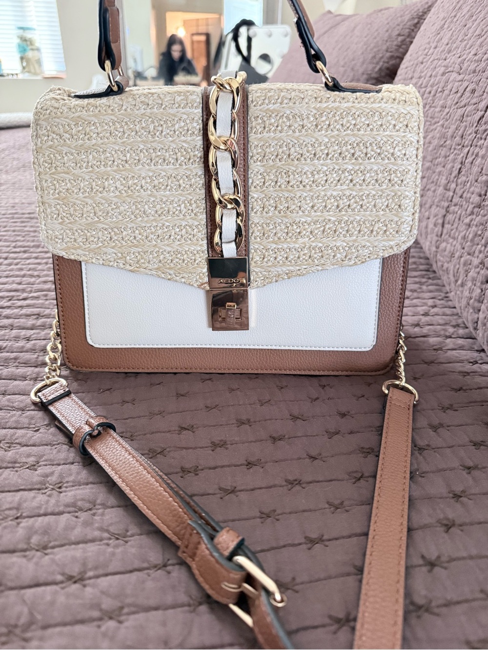 Aldo White, Tan and Cream Crossbody with Gold Chain Accent